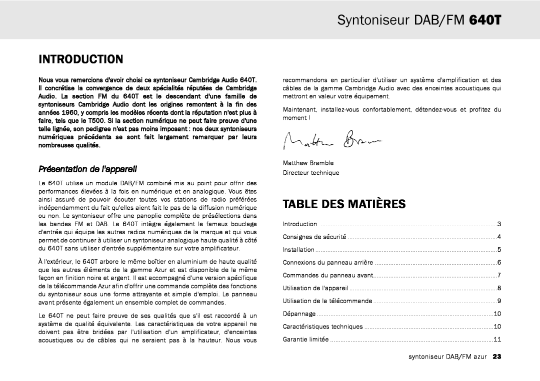 Cambridge Audio user manual Syntoniseur DAB/FM 640T, Table Des Matières, Introduction, Présentation de lappareil 