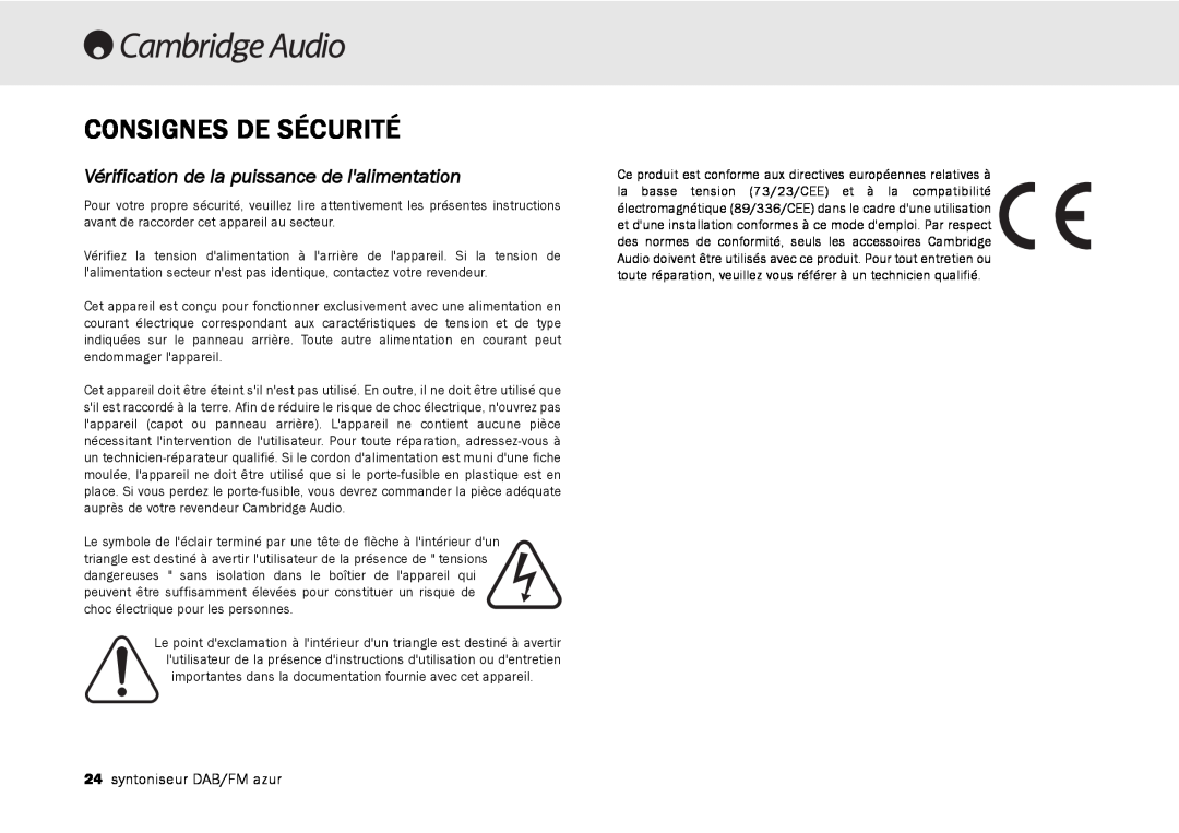 Cambridge Audio 640T user manual Consignes De Sécurité, Vérification de la puissance de lalimentation 