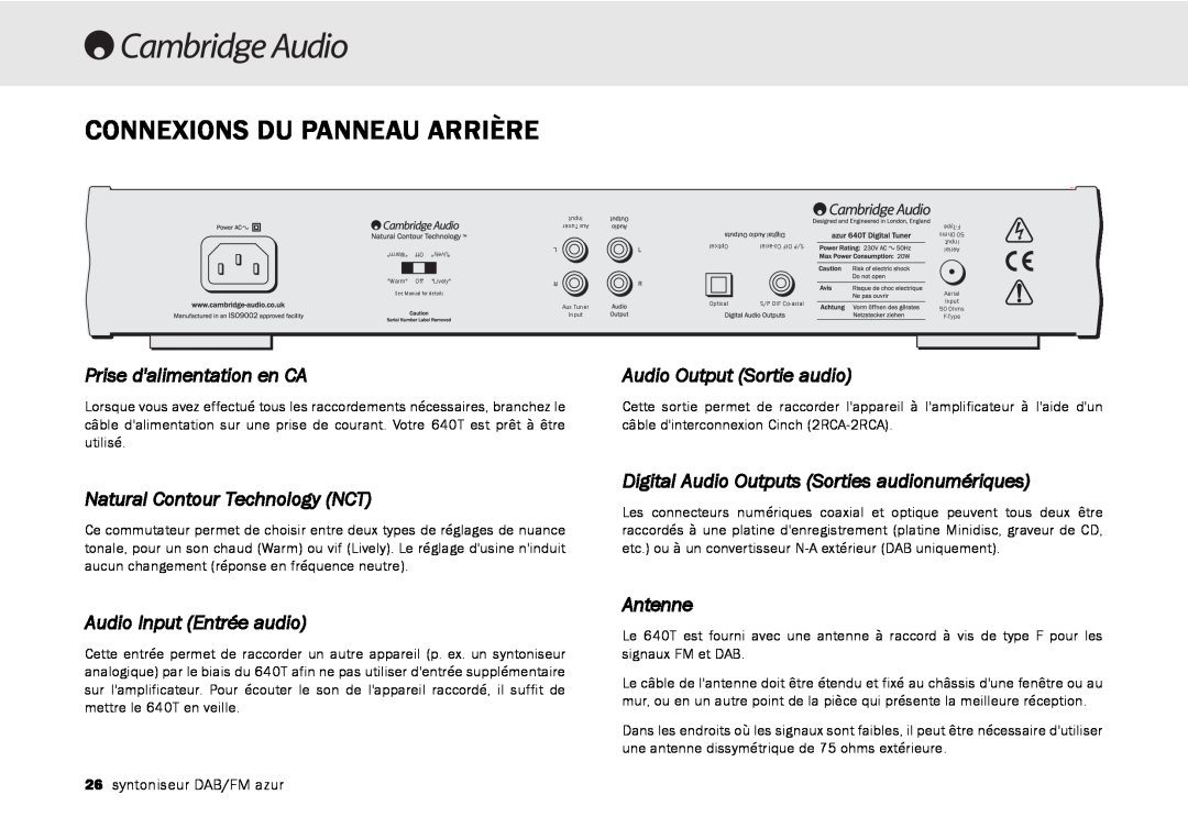 Cambridge Audio 640T Connexions Du Panneau Arrière, Prise dalimentation en CA, Natural Contour Technology NCT, Antenne 