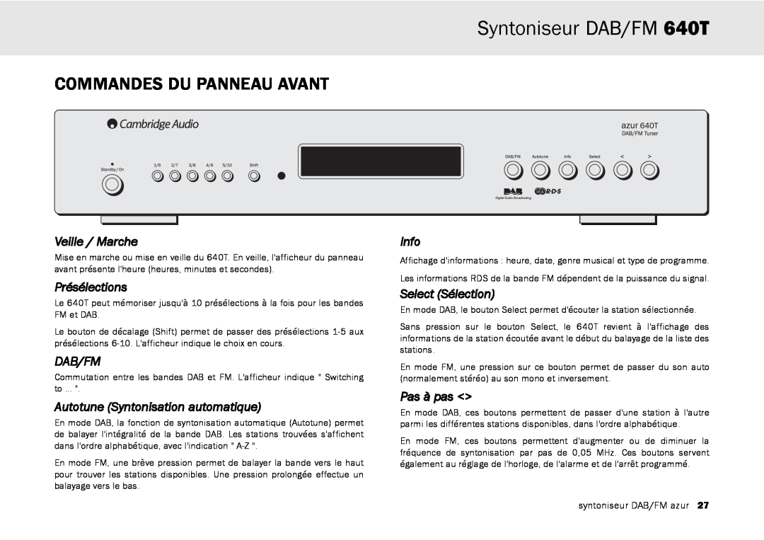 Cambridge Audio Commandes Du Panneau Avant, Syntoniseur DAB/FM 640T, Veille / Marche, Présélections, Dab/Fm, Info 
