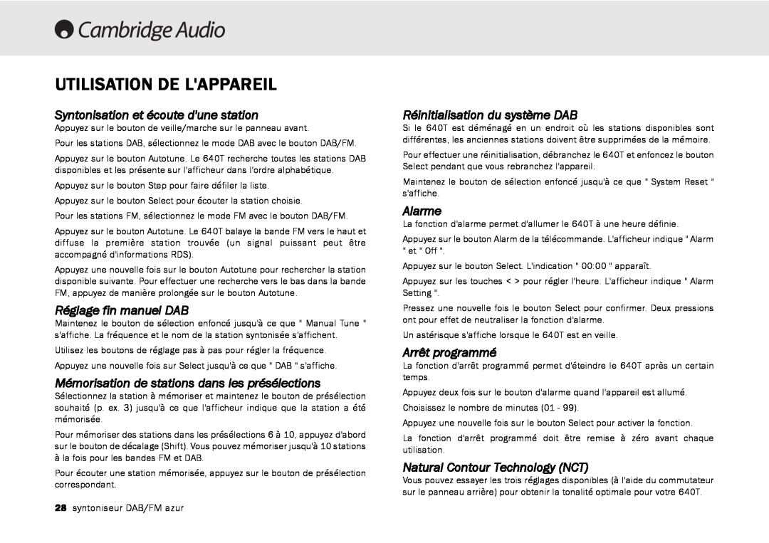 Cambridge Audio 640T Utilisation De Lappareil, Syntonisation et écoute dune station, Réglage fin manuel DAB, Alarme 
