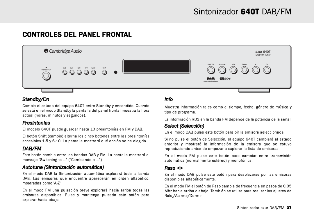 Cambridge Audio Controles Del Panel Frontal, Sintonizador 640T DAB/FM, Standby/On, Presintonías, Dab/Fm, Info, Paso 