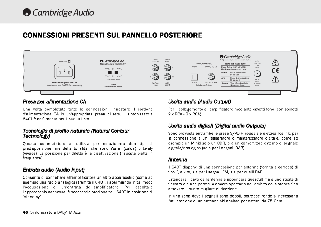 Cambridge Audio 640T Connessioni Presenti Sul Pannello Posteriore, Presa per alimentazione CA, Uscita audio Audio Output 