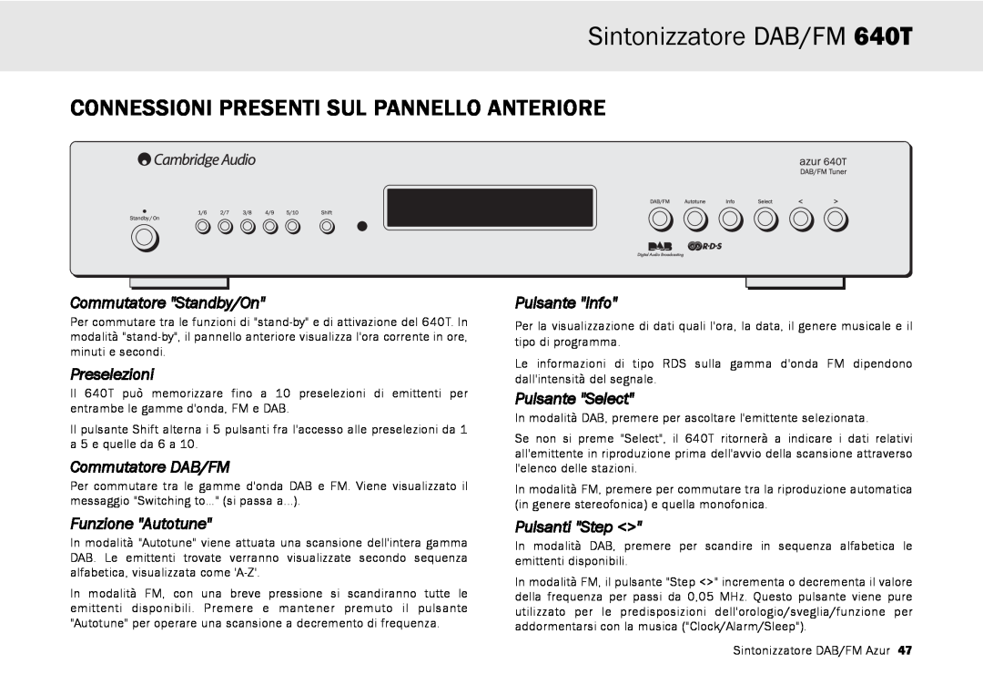 Cambridge Audio Connessioni Presenti Sul Pannello Anteriore, Sintonizzatore DAB/FM 640T, Commutatore Standby/On 