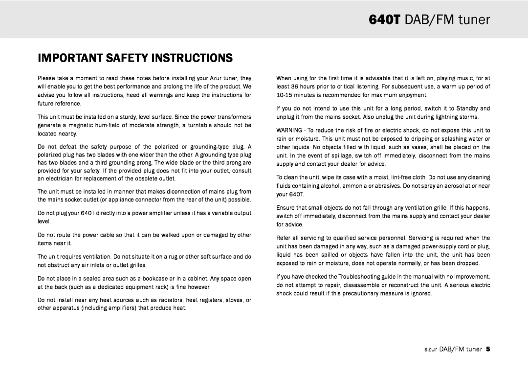 Cambridge Audio user manual Important Safety Instructions, 640T DAB/FM tuner 