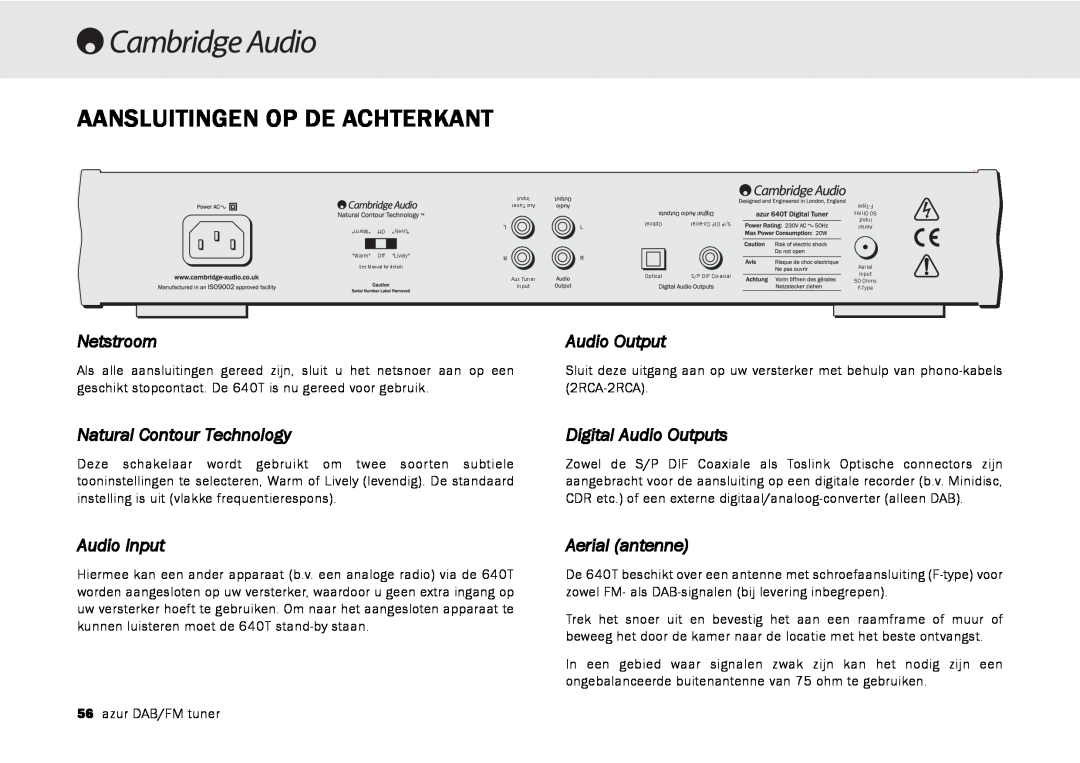 Cambridge Audio 640T Aansluitingen Op De Achterkant, Netstroom, Audio Output, Natural Contour Technology, Audio Input 