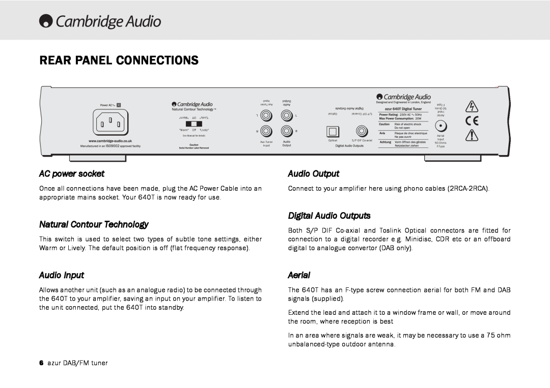 Cambridge Audio 640T Rear Panel Connections, AC power socket, Audio Output, Natural Contour Technology, Audio Input 