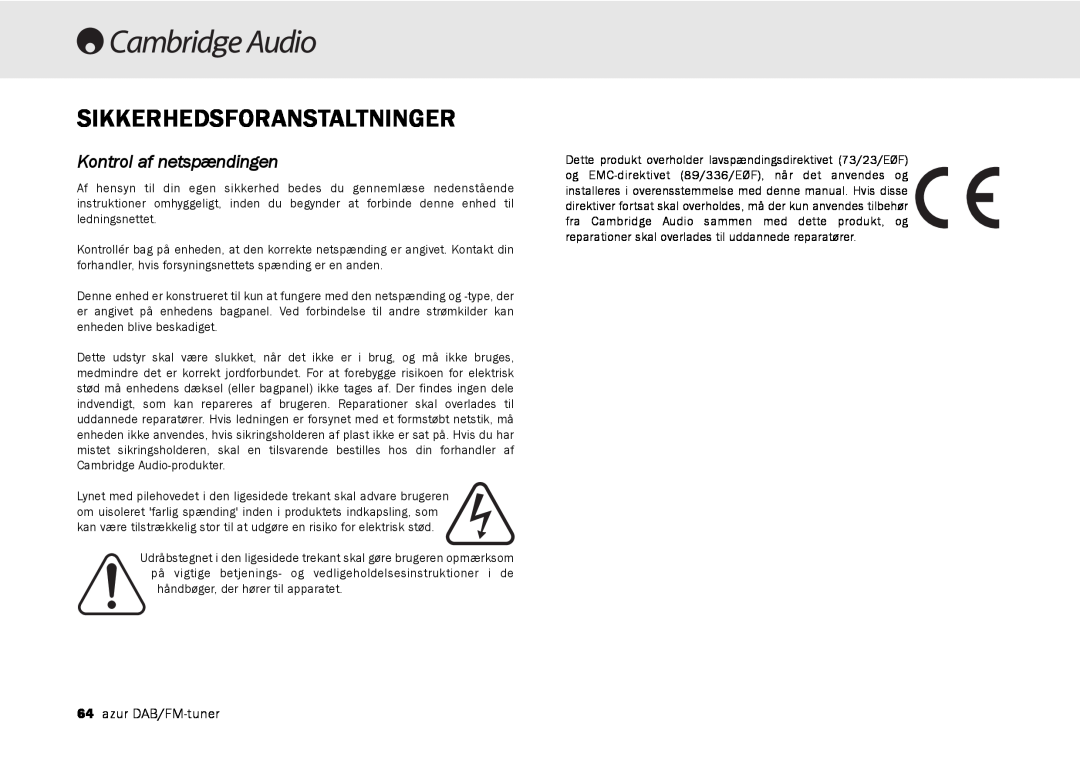 Cambridge Audio 640T user manual Sikkerhedsforanstaltninger, Kontrol af netspændingen 
