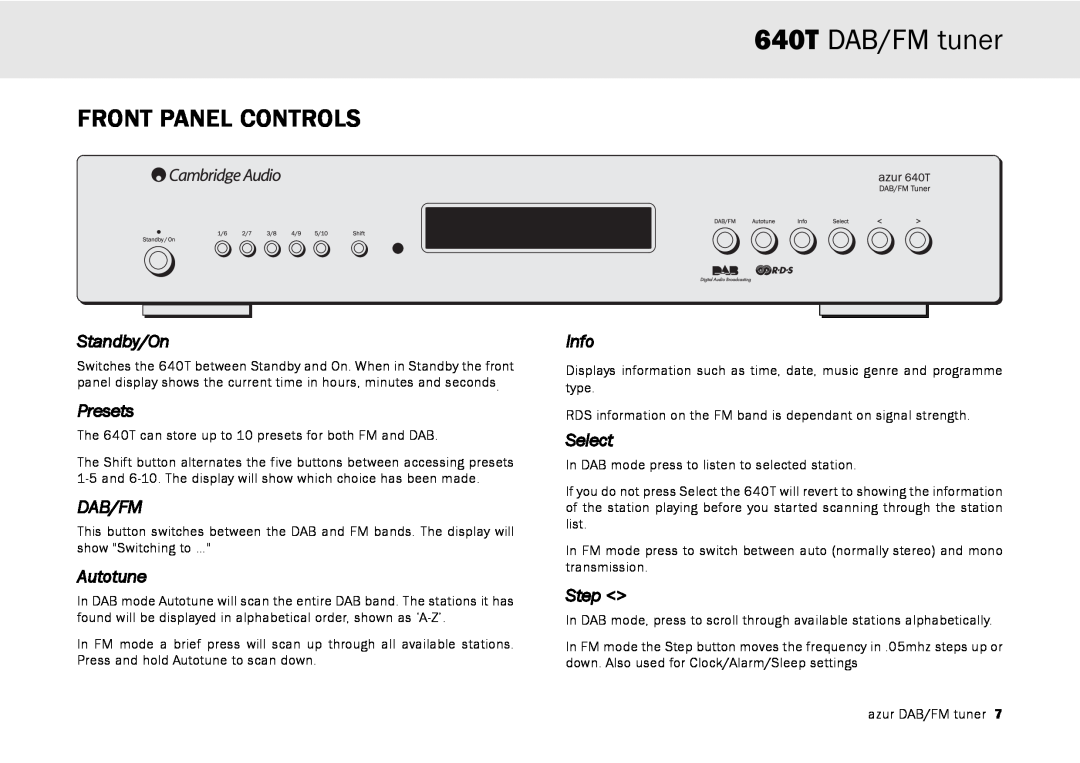 Cambridge Audio Front Panel Controls, 640T DAB/FM tuner, Standby/On, Presets, Dab/Fm, Autotune, Info, Select, Step 