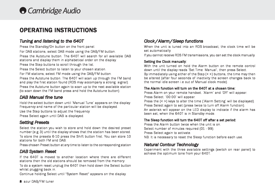 Cambridge Audio Operating Instructions, Tuning and listening to the 640T, DAB Manual fine tune, Setting Presets 