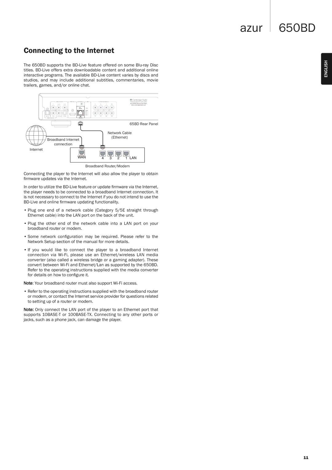 Cambridge Audio 650BD user manual Connecting to the Internet 