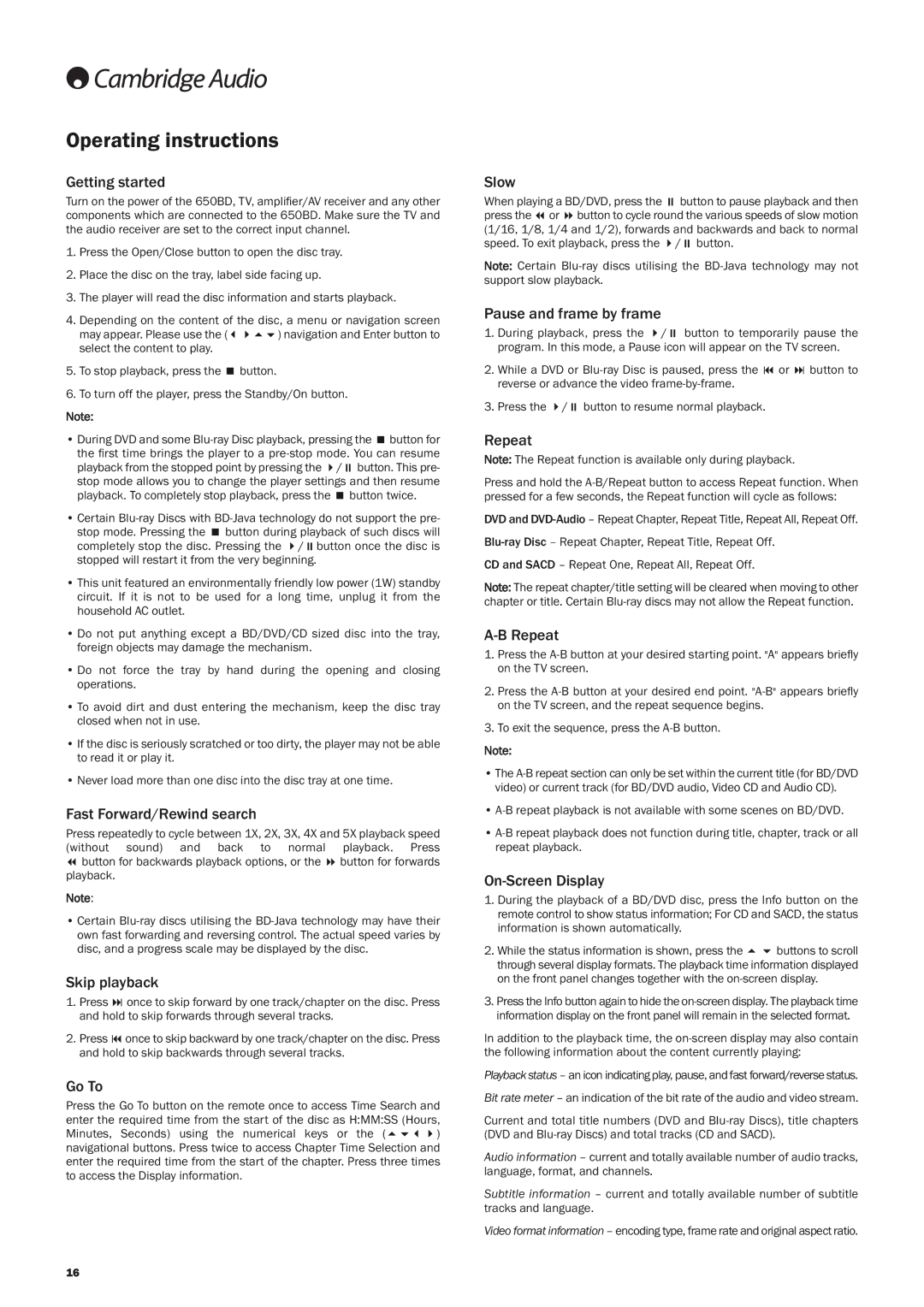 Cambridge Audio 650BD user manual Operating instructions 