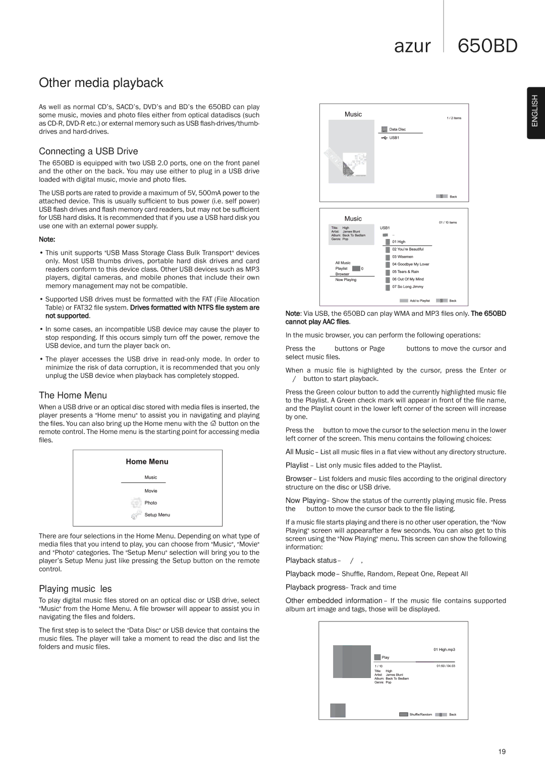 Cambridge Audio 650BD user manual Other media playback, Connecting a USB Drive, Home Menu, Playing music ﬁles 