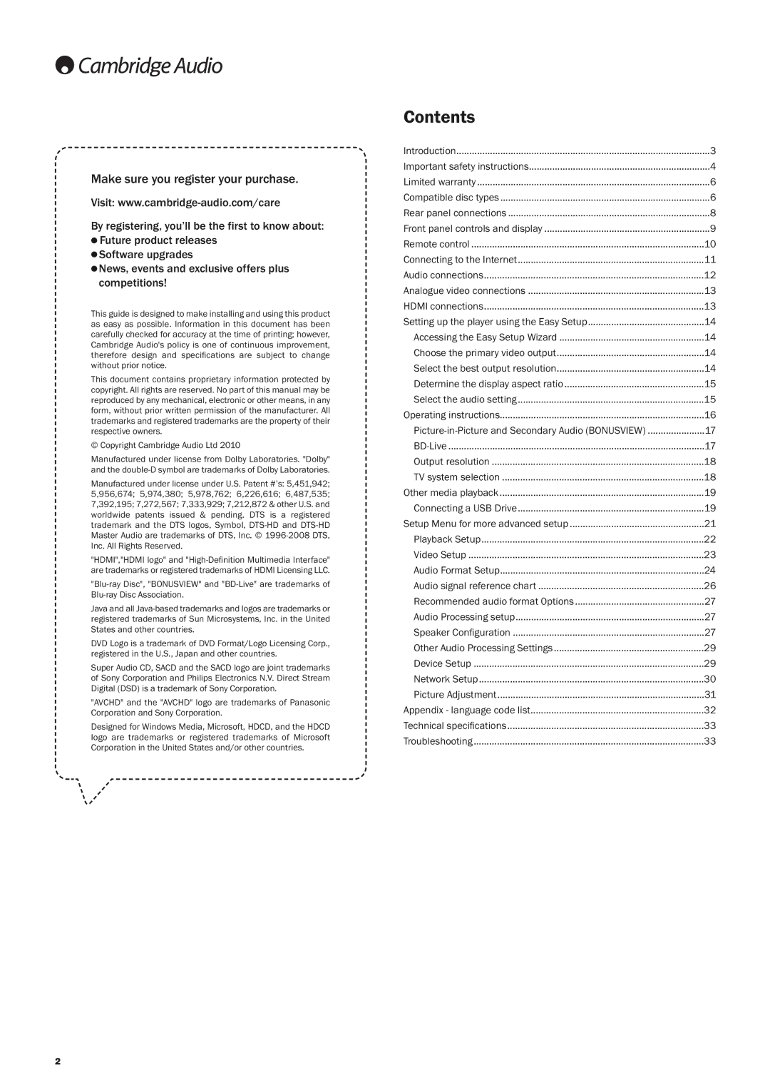 Cambridge Audio 650BD user manual Contents 