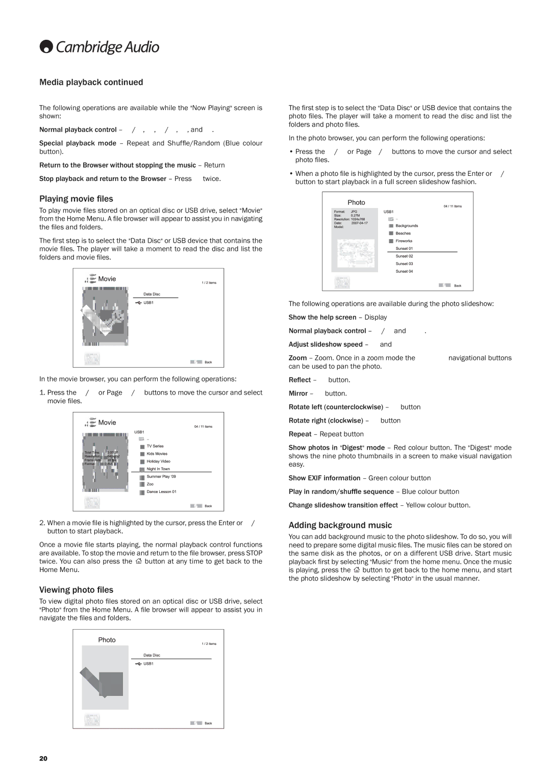 Cambridge Audio 650BD user manual Media playback, Playing movie ﬁles, Viewing photo ﬁles, Adding background music 