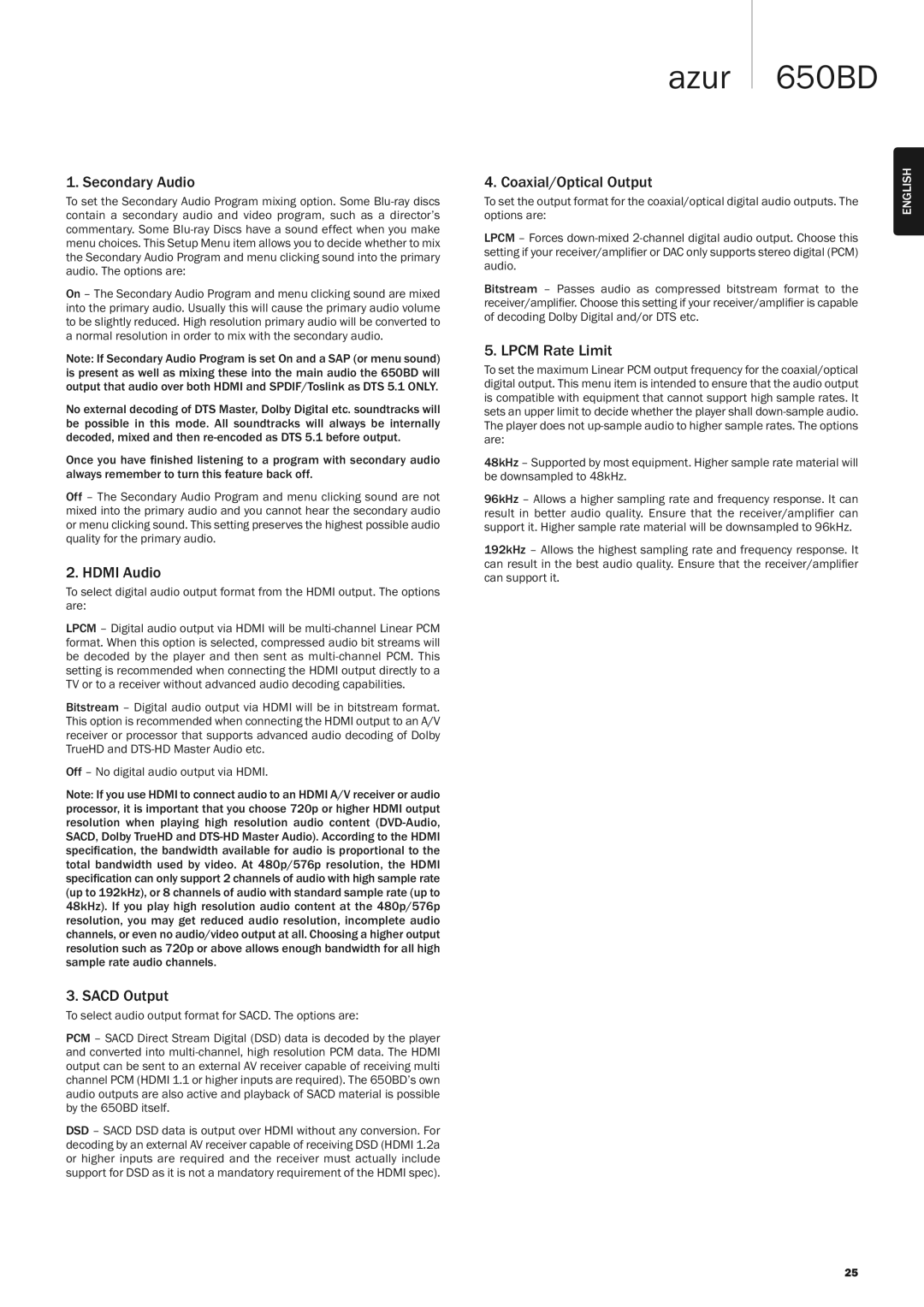 Cambridge Audio 650BD user manual Secondary Audio, Hdmi Audio, Sacd Output, Coaxial/Optical Output, Lpcm Rate Limit 