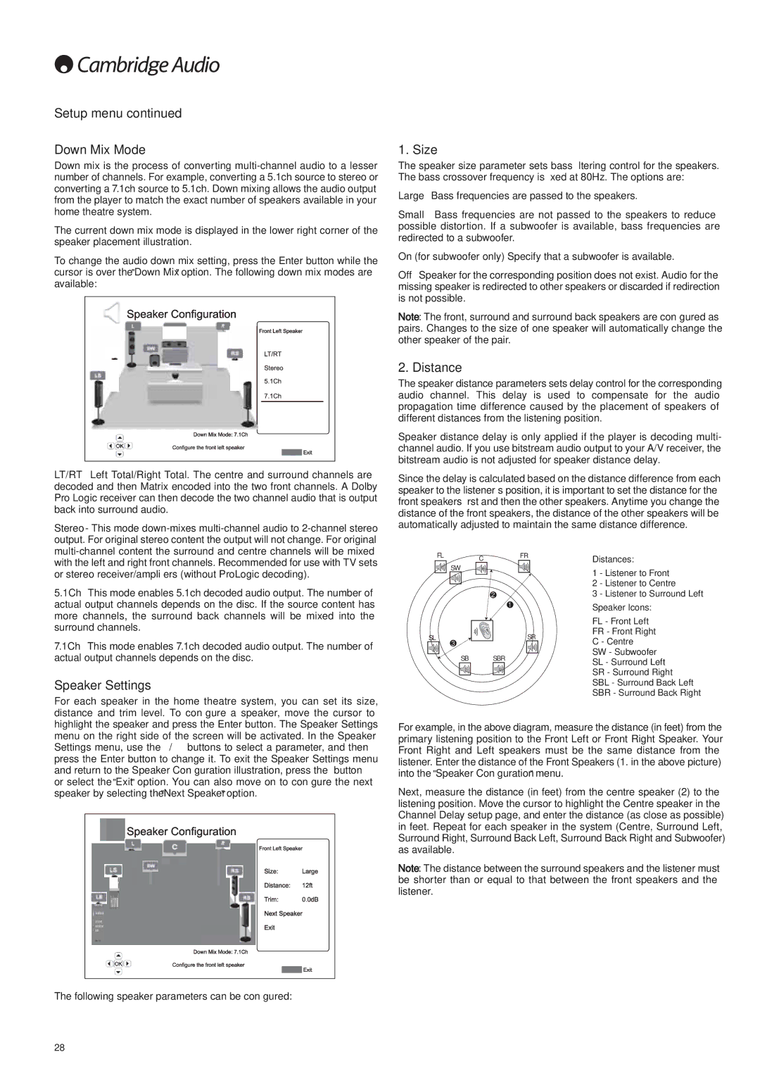 Cambridge Audio 650BD user manual Setup menu Down Mix Mode, Size, Distance, Speaker Settings 