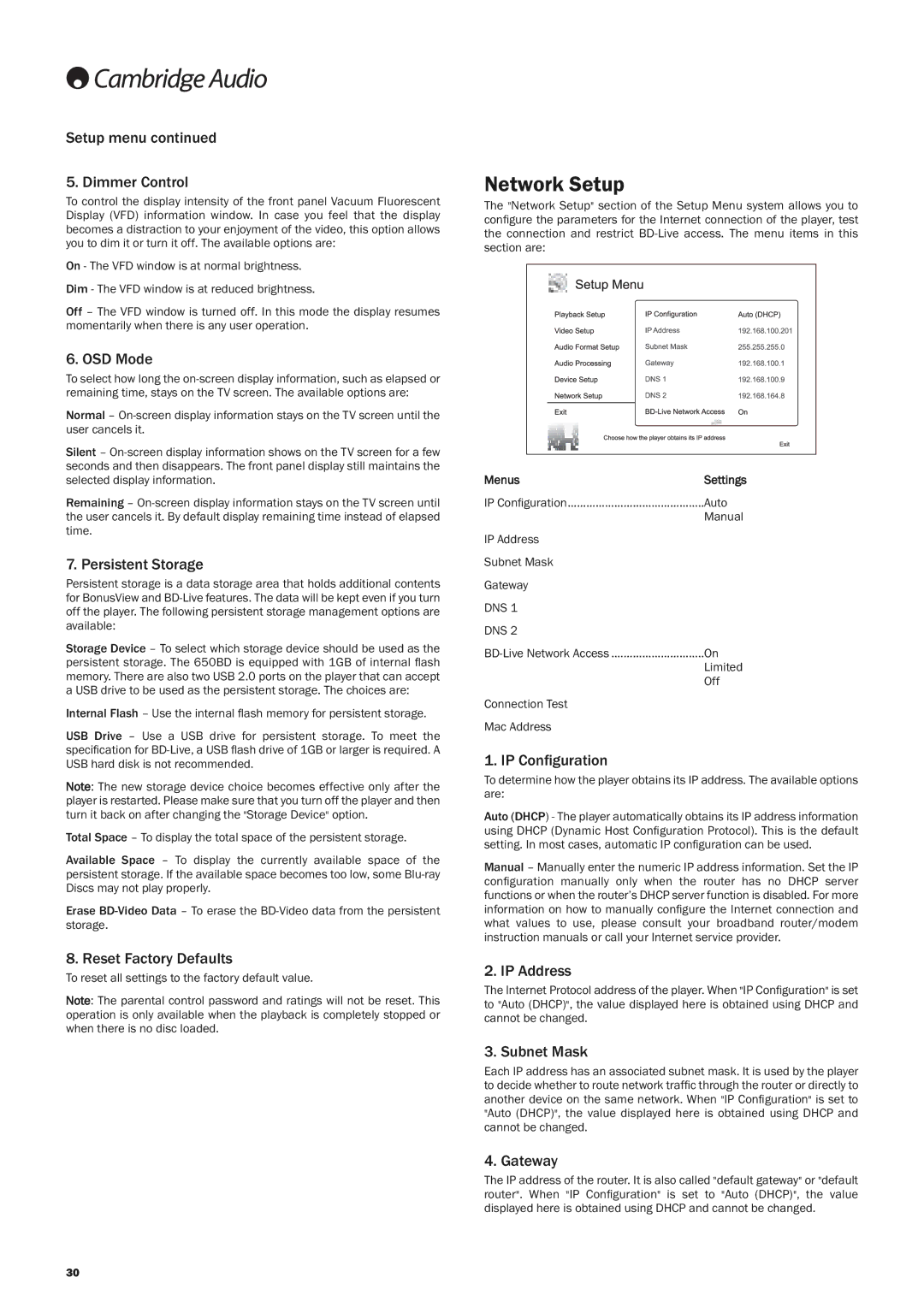 Cambridge Audio 650BD user manual Network Setup 