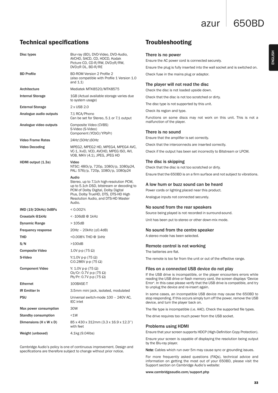 Cambridge Audio 650BD user manual Technical speciﬁcations, Troubleshooting 