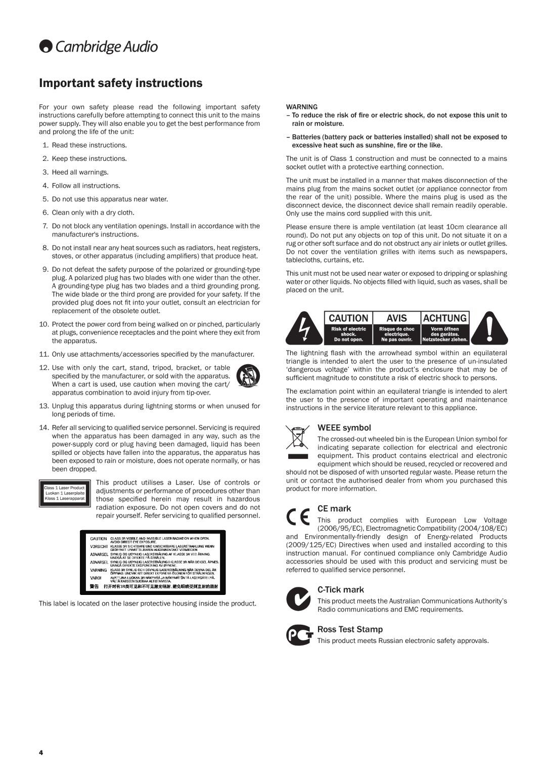 Cambridge Audio 650BD user manual Important safety instructions, Weee symbol, CE mark, Tick mark, Ross Test Stamp 