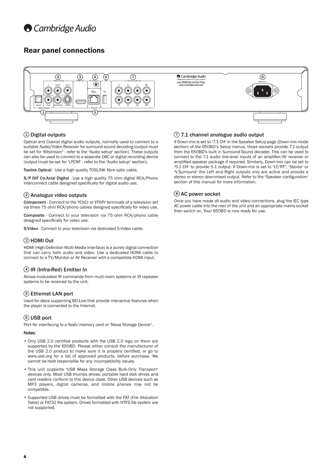 Cambridge Audio 650BD user manual Rear panel connections 