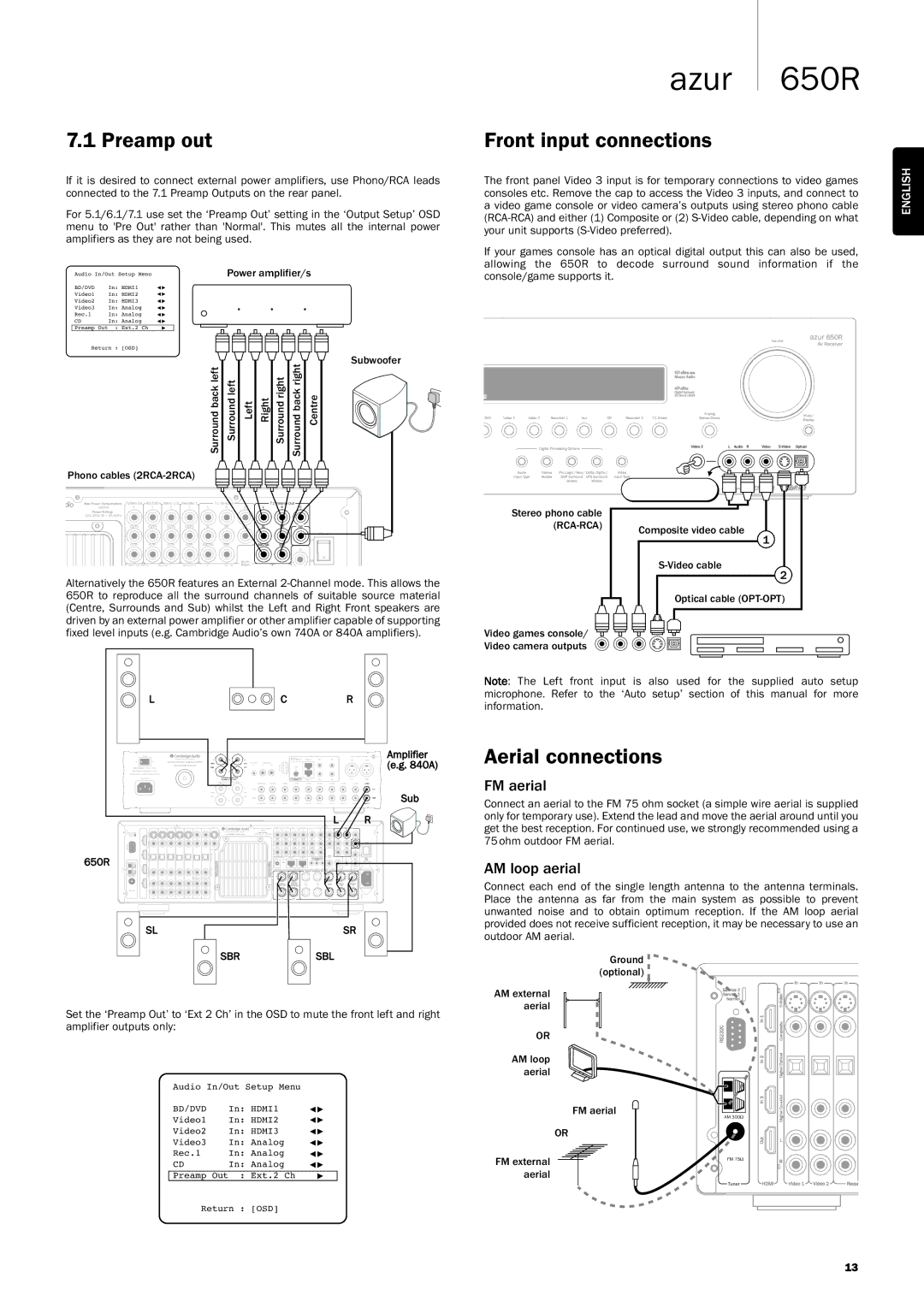 Cambridge Audio 650R user manual Preamp out, Front input connections, Aerial connections, FM aerial, AM loop aerial 