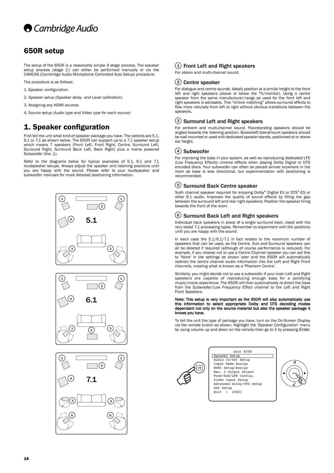 Cambridge Audio user manual 650R setup, Speaker configuration 