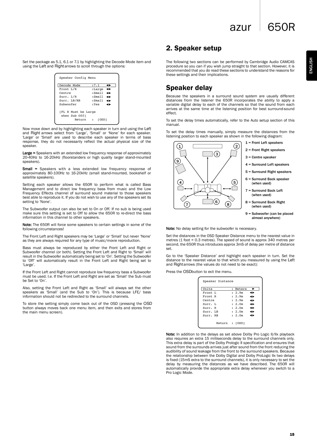 Cambridge Audio 650R user manual Speaker setup, Speaker delay 