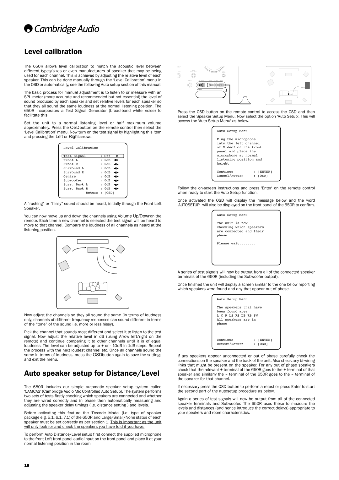 Cambridge Audio 650R user manual Level calibration, Auto speaker setup for Distance/Level 