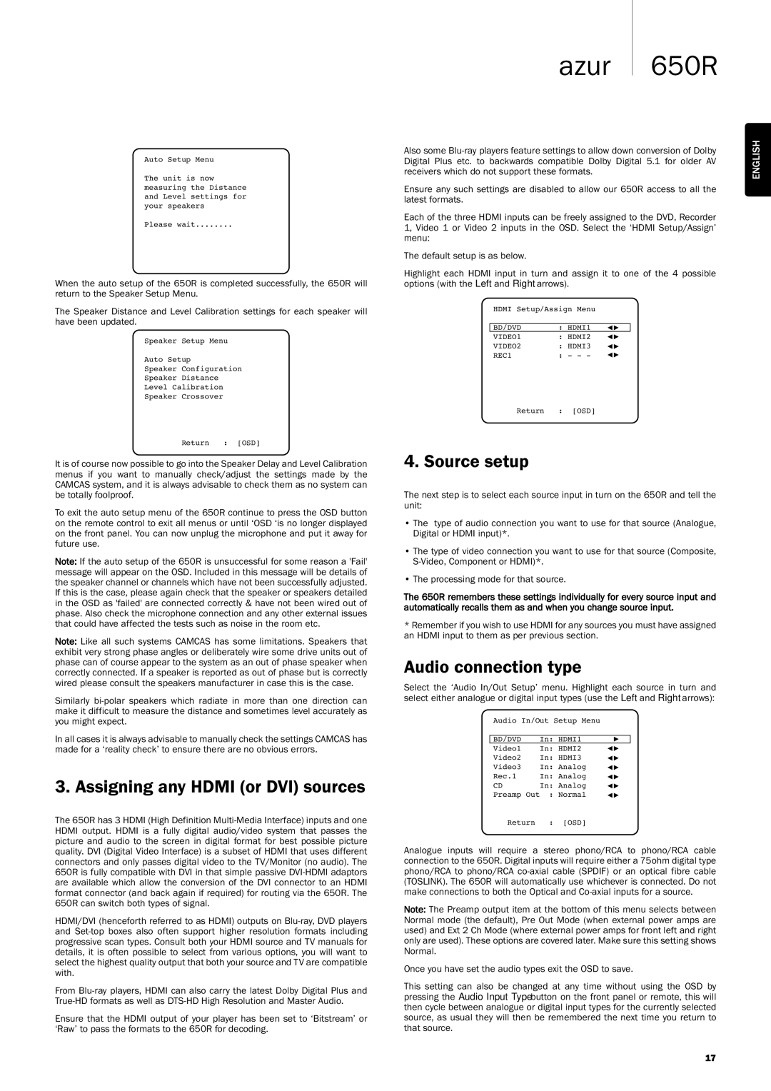 Cambridge Audio 650R user manual Assigning any Hdmi or DVI sources, Source setup, Audio connection type 