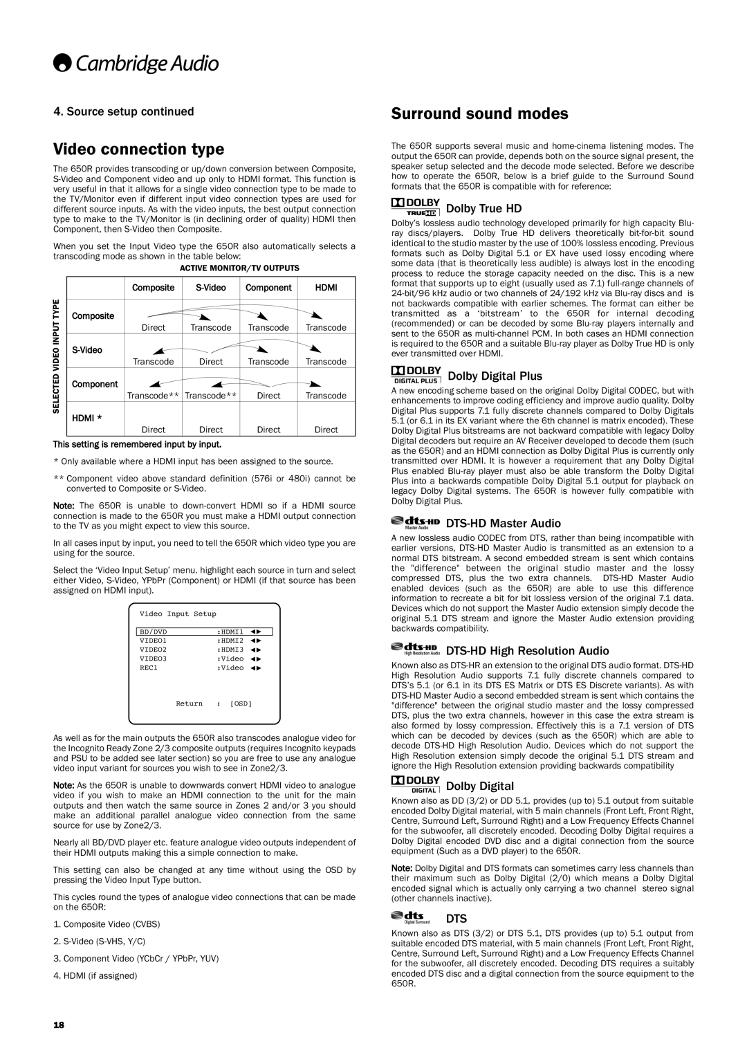 Cambridge Audio 650R user manual Video connection type, Surround sound modes 