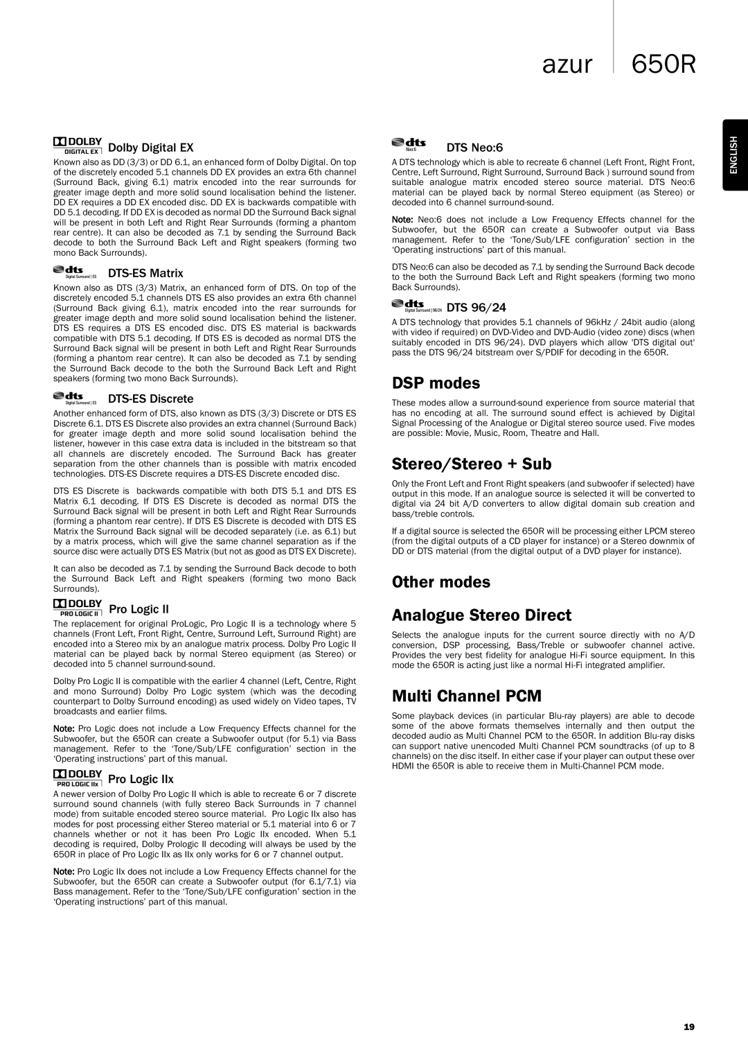 Cambridge Audio 650R user manual DSP modes, Stereo/Stereo + Sub, Other modes Analogue Stereo Direct, Multi Channel PCM 