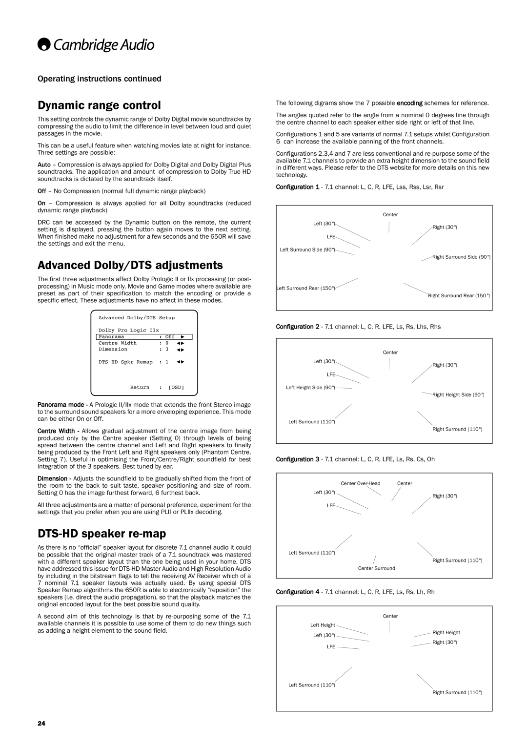 Cambridge Audio 650R Dynamic range control, Advanced Dolby/DTS adjustments, DTS-HD speaker re-map, Operating instructions 