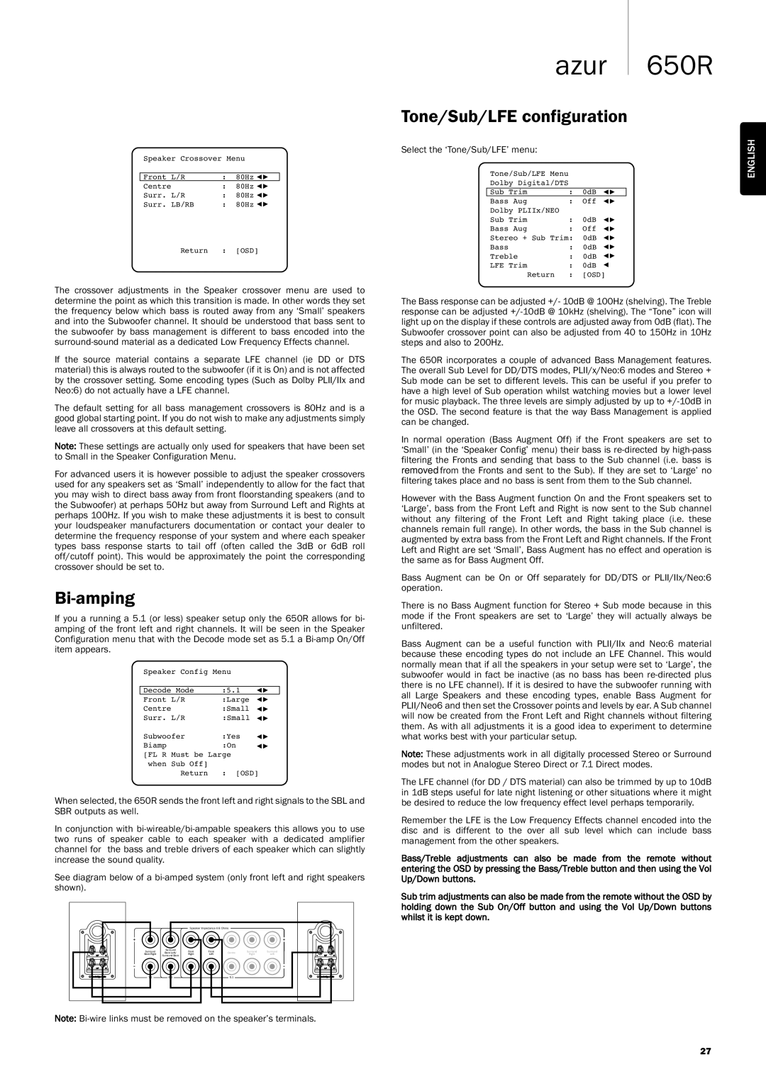 Cambridge Audio 650R user manual Bi-amping, Tone/Sub/LFE configuration 