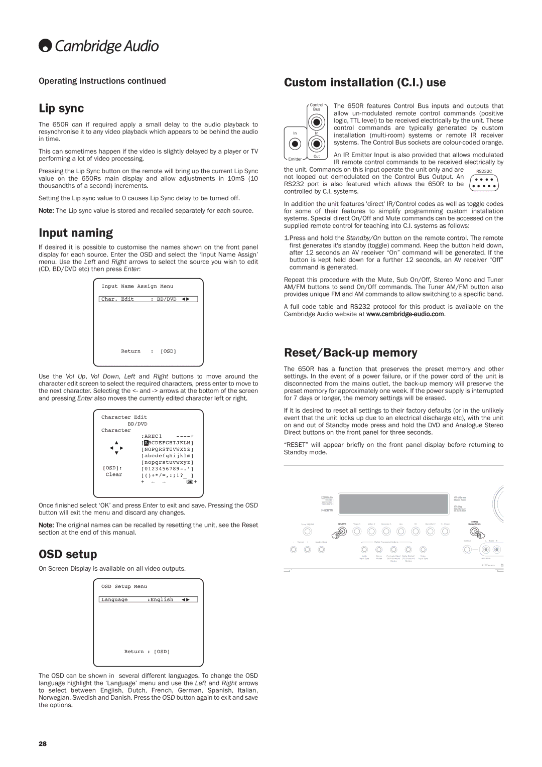 Cambridge Audio 650R user manual Lip sync, Input naming, OSD setup, Custom installation C.I. use, Reset/Back-up memory 