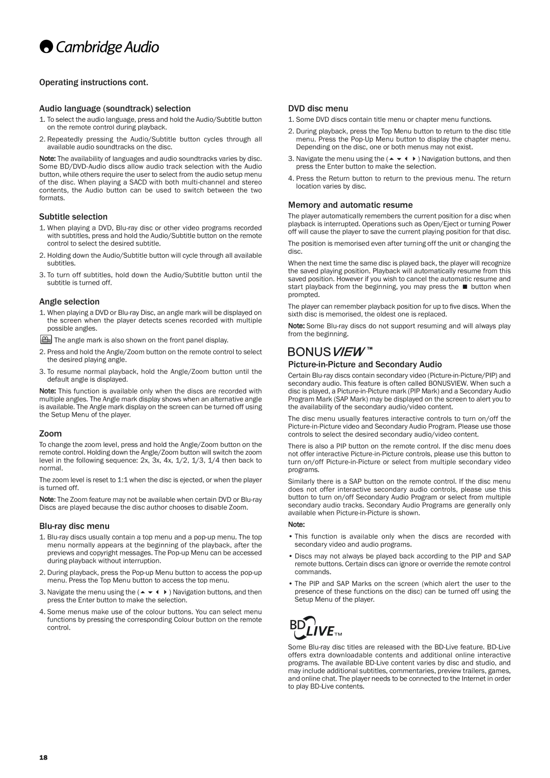 Cambridge Audio 651 Operating instructions Audio language soundtrack selection, Subtitle selection, Angle selection, Zoom 