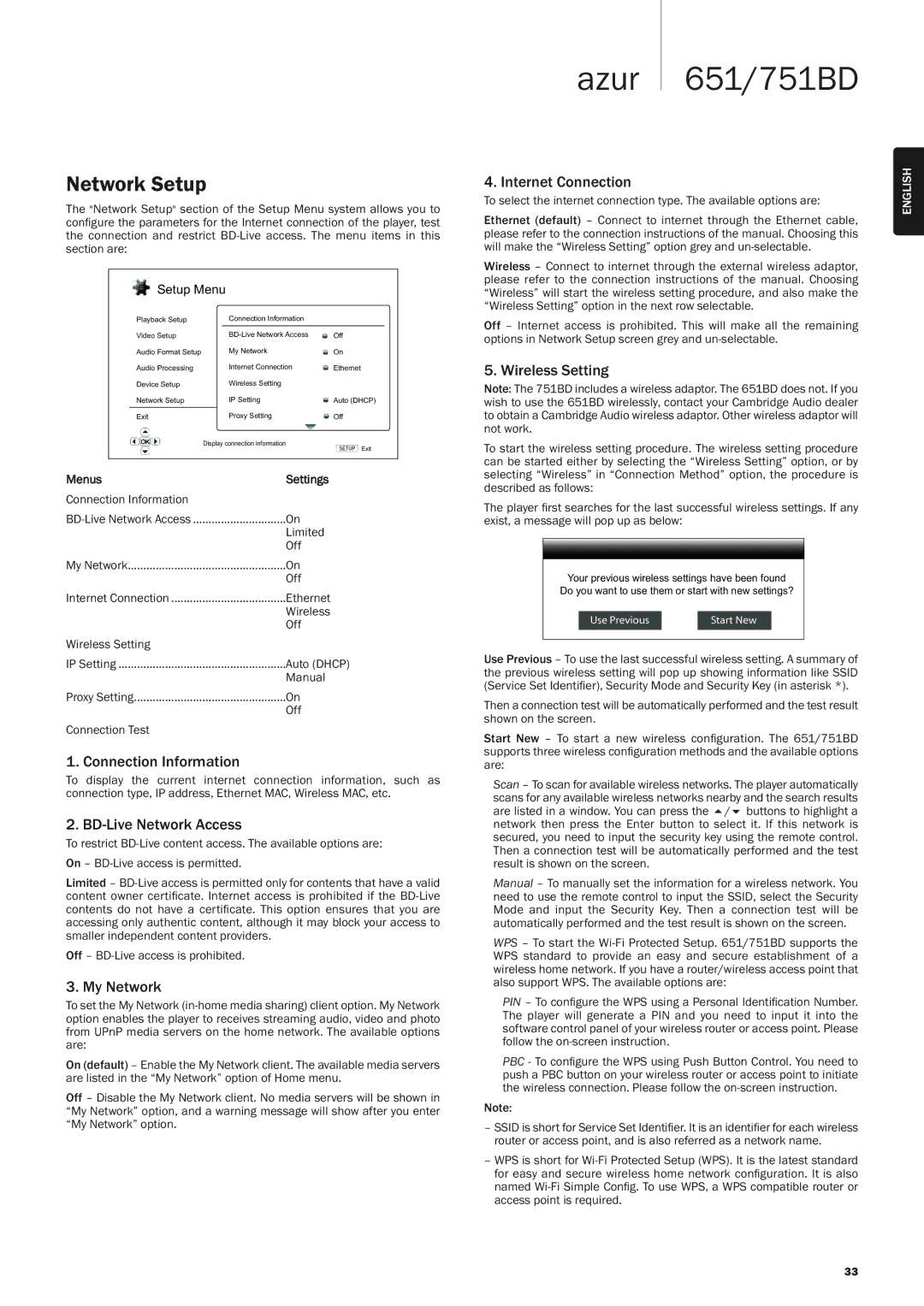 Cambridge Audio 751BD, 651 user manual Network Setup 