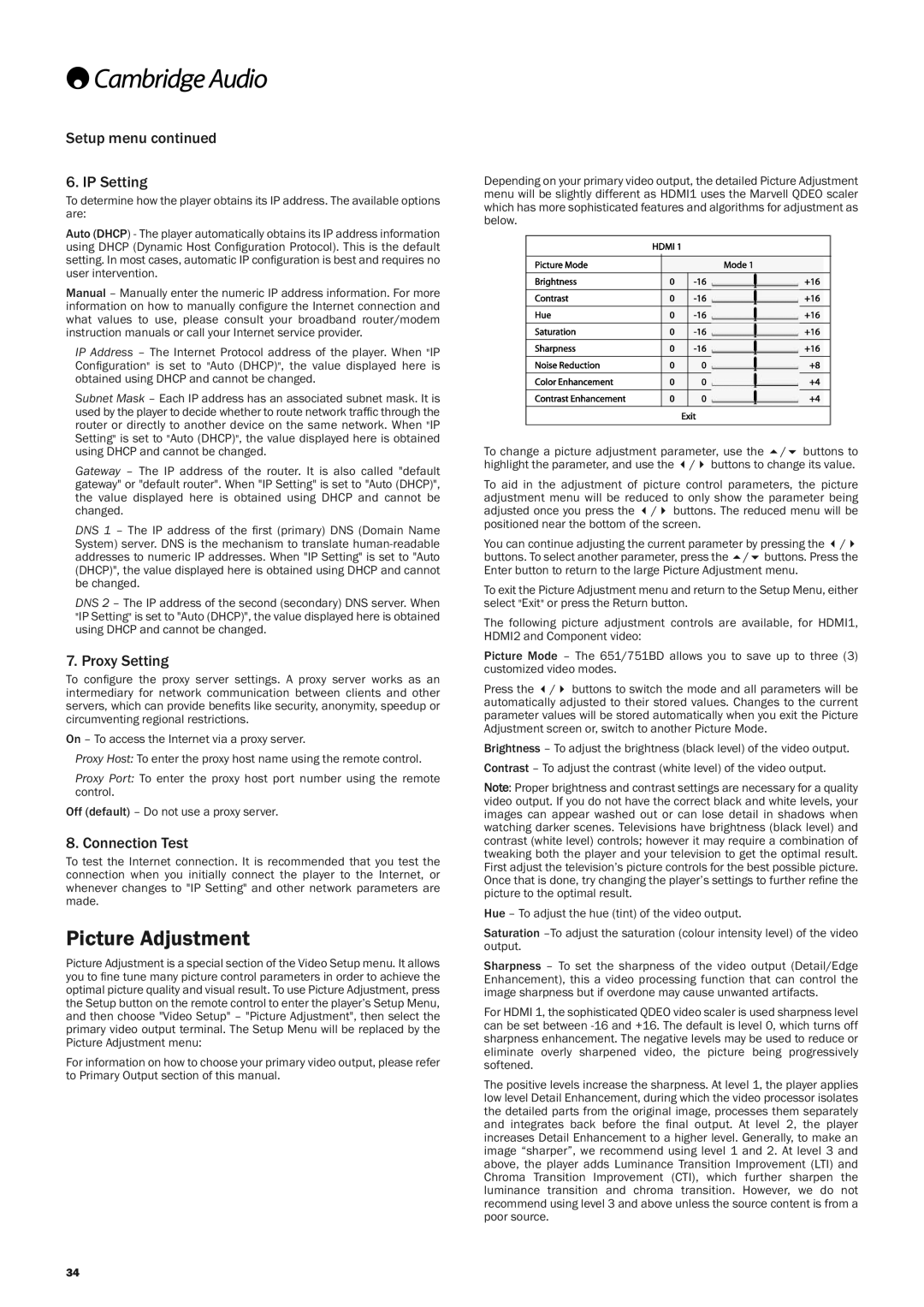 Cambridge Audio 651, 751BD user manual Picture Adjustment, Setup menu IP Setting, Proxy Setting, Connection Test 