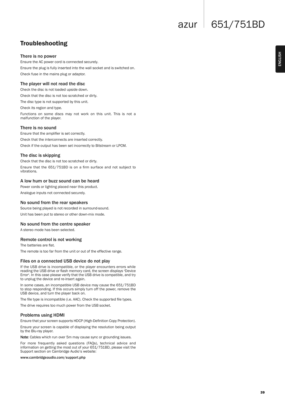 Cambridge Audio 751BD, 651 user manual Troubleshooting 