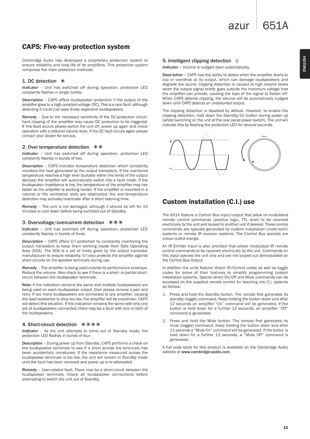 Cambridge Audio 651A user manual CAP5 Five-way protection system, Custom installation C.I. use 