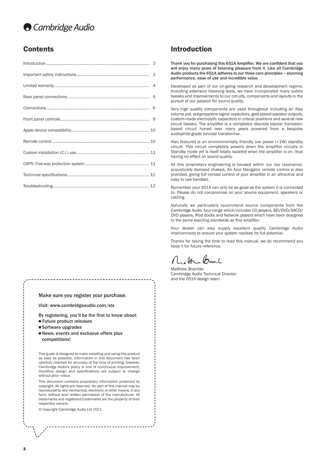 Cambridge Audio 651A user manual Contents, Introduction 