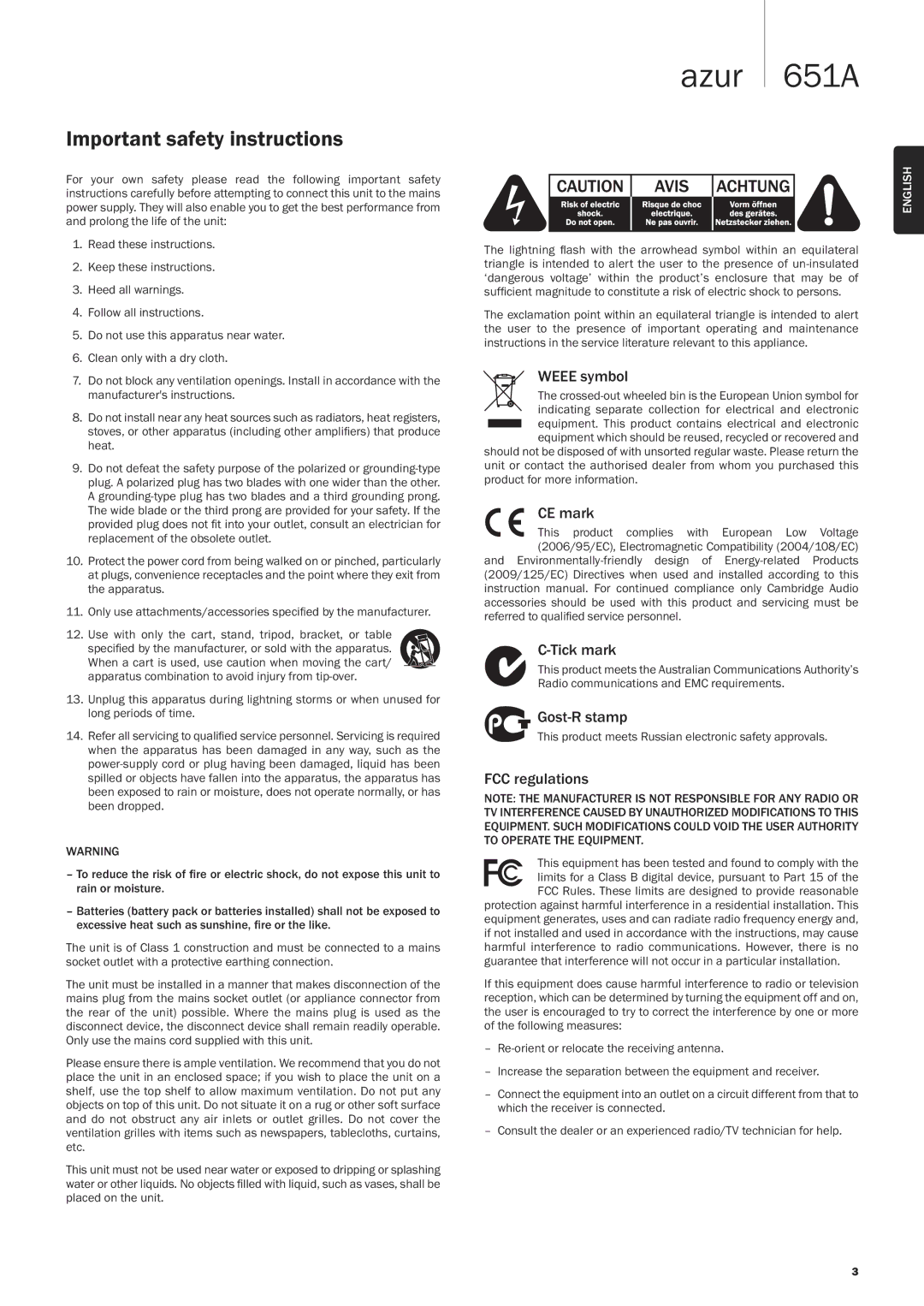 Cambridge Audio 651A user manual Important safety instructions 