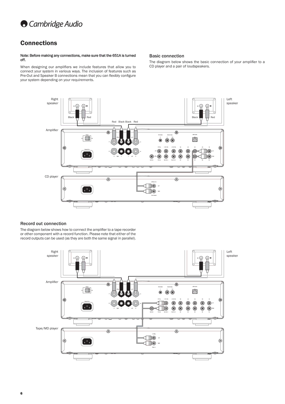 Cambridge Audio 651A user manual Connections, Basic connection, Record out connection 