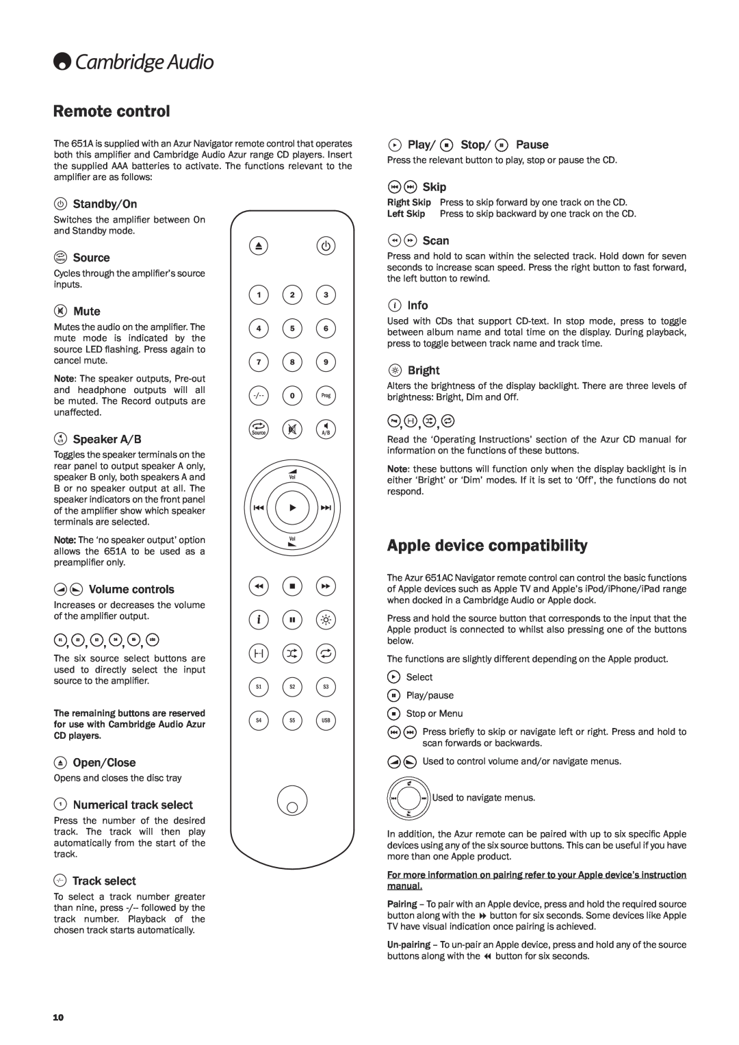 Cambridge Audio 651A user manual Remote control, Apple device compatibility 