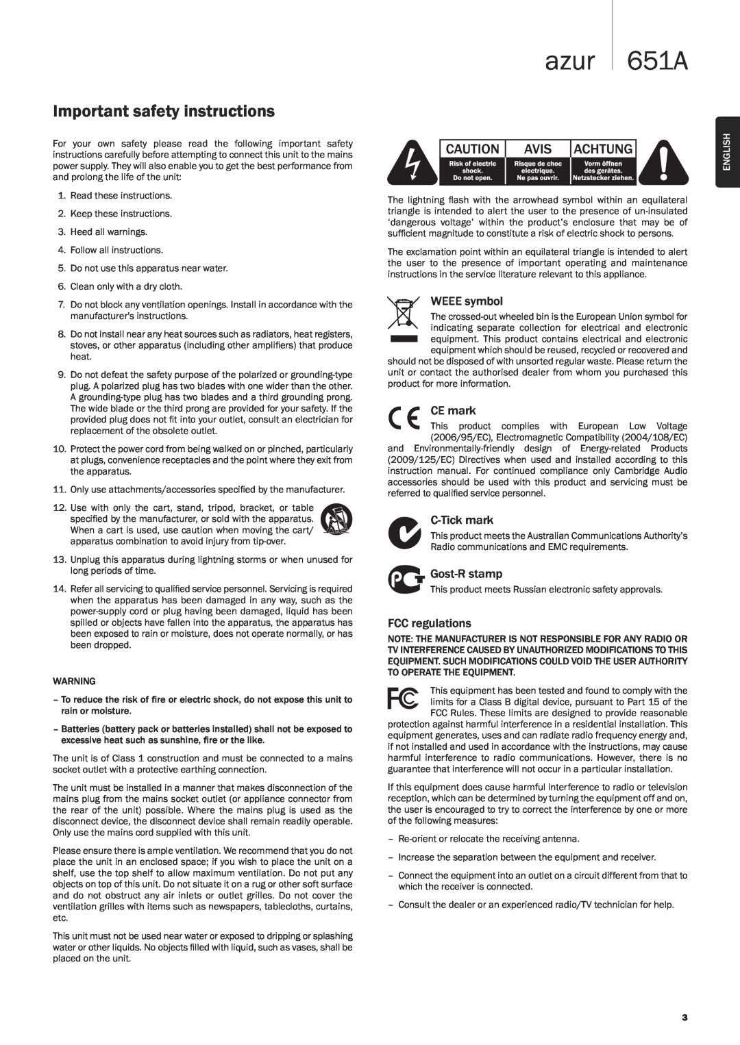 Cambridge Audio user manual azur 651A, Important safety instructions, English 
