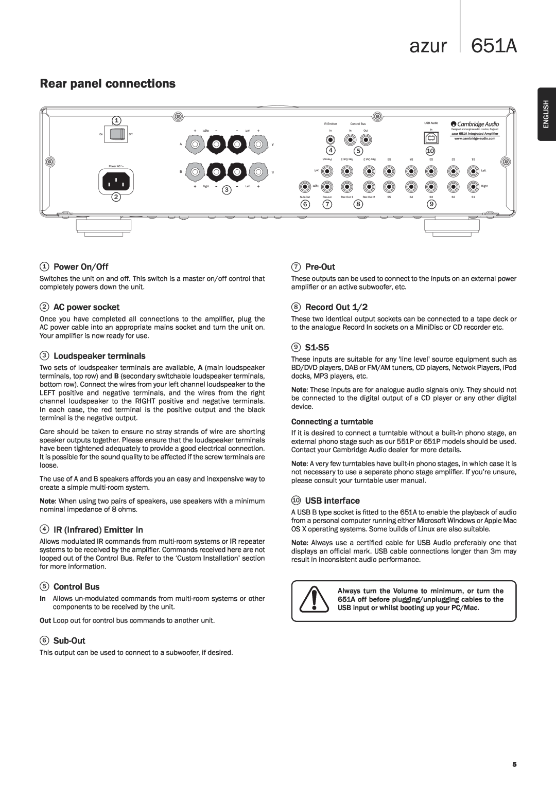 Cambridge Audio user manual Rear panel connections, azur 651A 
