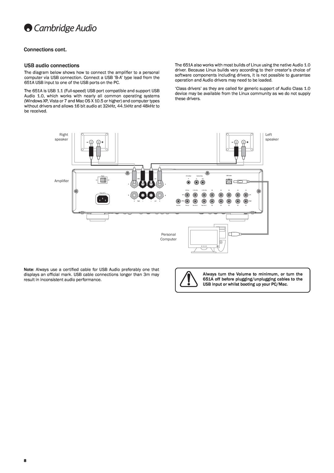 Cambridge Audio 651A user manual Connections cont USB audio connections, Right, speaker, Ampliﬁer, Left, Personal Computer 