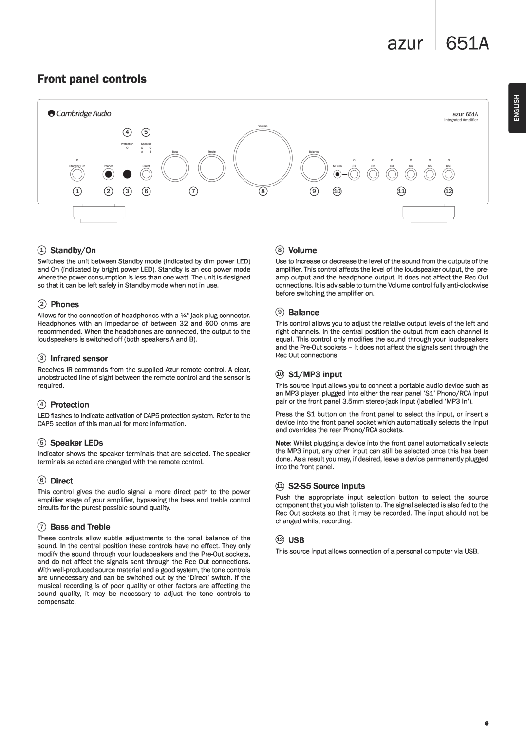 Cambridge Audio user manual Front panel controls, azur 651A 