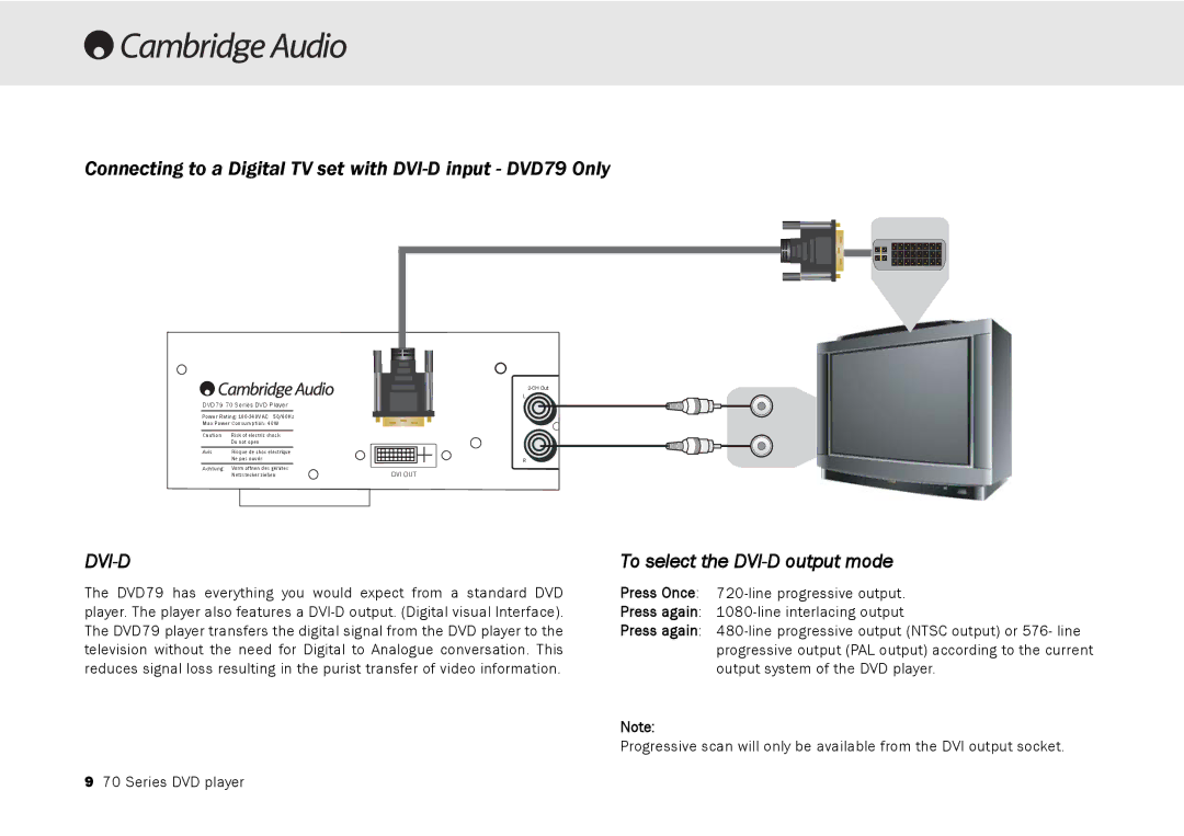 Cambridge Audio 70 manual Connecting to a Digital TV set with DVI-D input DVD79 Only, To select the DVI-D output mode 