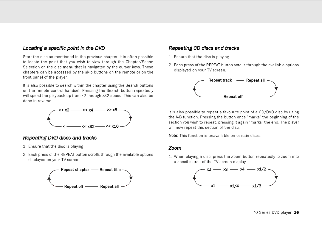Cambridge Audio 70 Locating a specific point in the DVD, Repeating DVD discs and tracks, Repeating CD discs and tracks 
